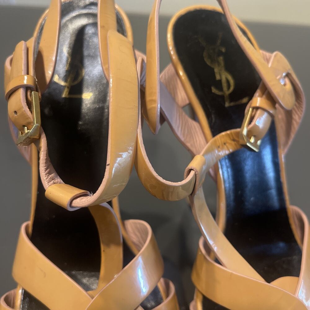 Yves Saint Laurent YSL Beige Patent Leather Tribute Platform Sandals Size 40.5 - Picture 7 of 14